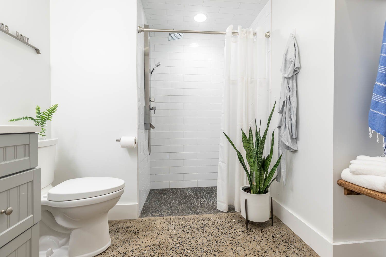 Bathroom with white walls, tiled shower, toilet, and a potted snake plant.