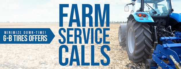 Blue tractor in field. Text says