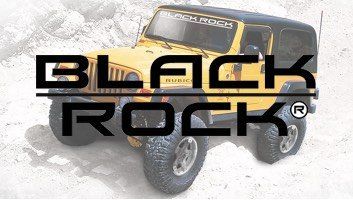 Black Rock logo over a yellow Jeep Wrangler Rubicon on a rocky surface.