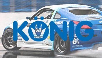 KÖNIG logo on a drifting blue and white race car on a track, tires smoking.