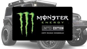 Black Monster Energy gift card with green logo over an off-road vehicle.
