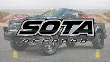 SOTA OFFROAD logo overlaid on a black pickup truck with large wheels, parked on a road near a beach.