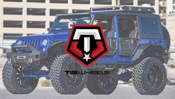 Two blue Jeeps with large tires; TIS Wheels logo in the center.