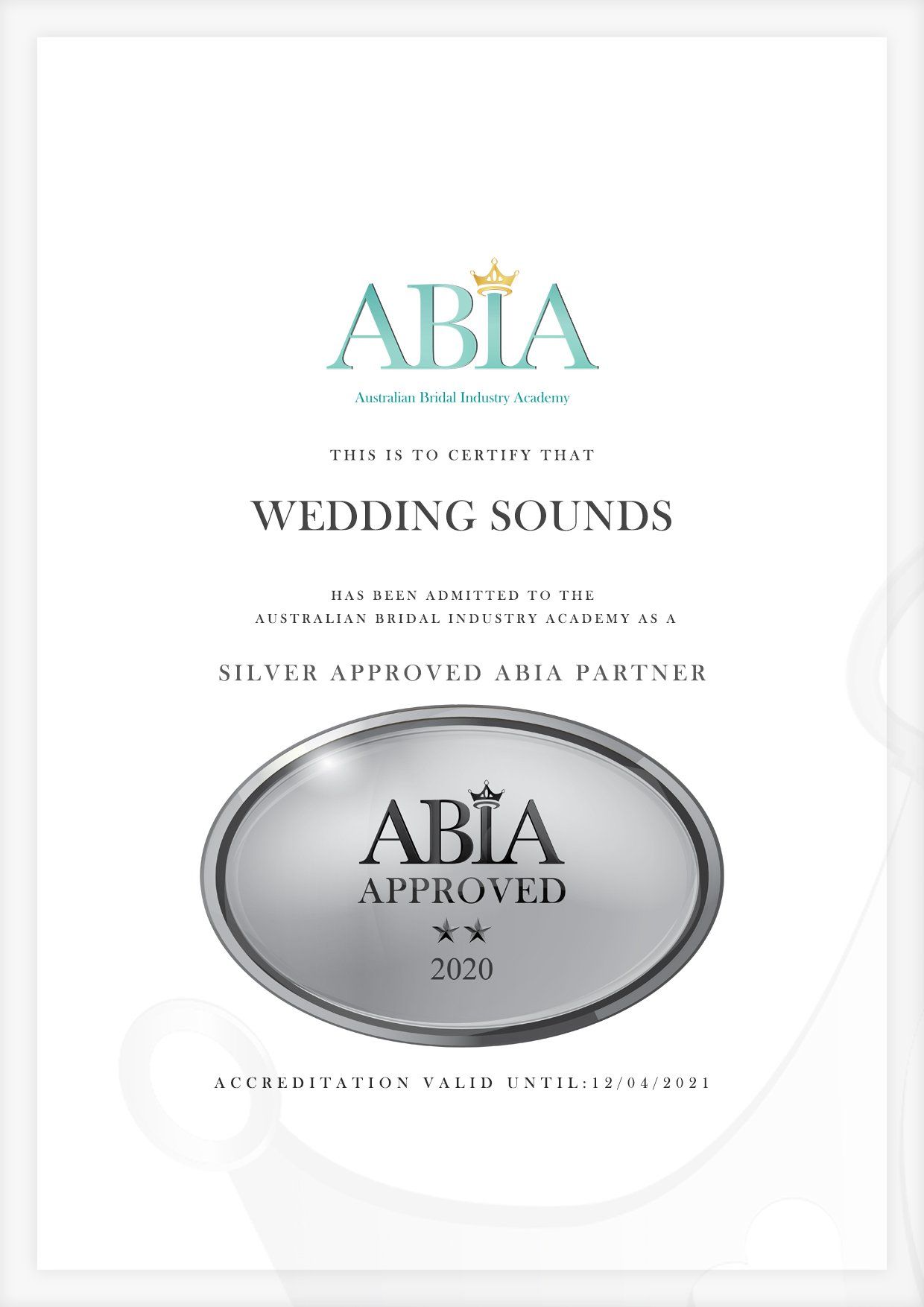 A certificate that says ' wedding sounds ' on it