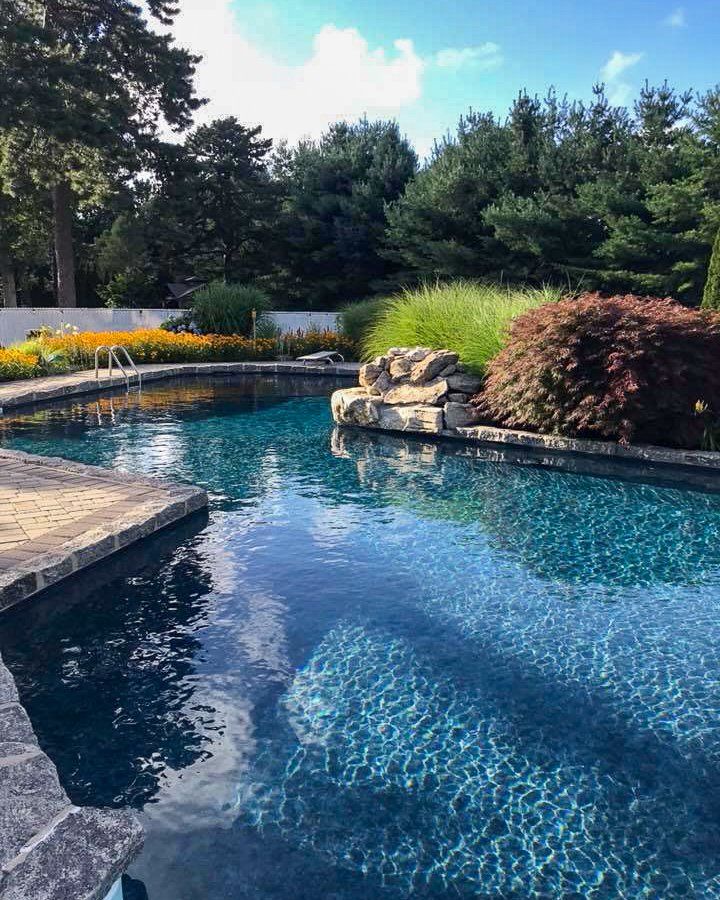 Pool with dark blue water, surrounded by stone, plants, and trees under a sunny sky.
