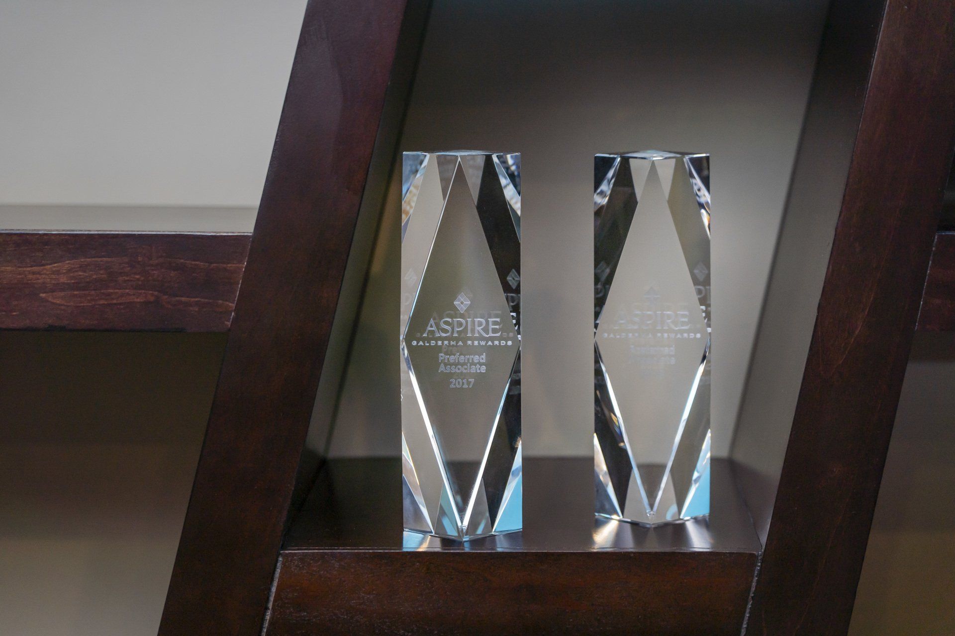 Two awards on a shelf