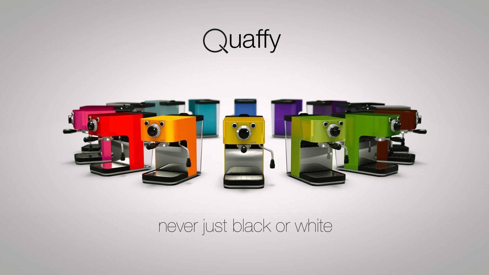 A number of coffee machines in different colours form a ring with the brand name Quaffy above.