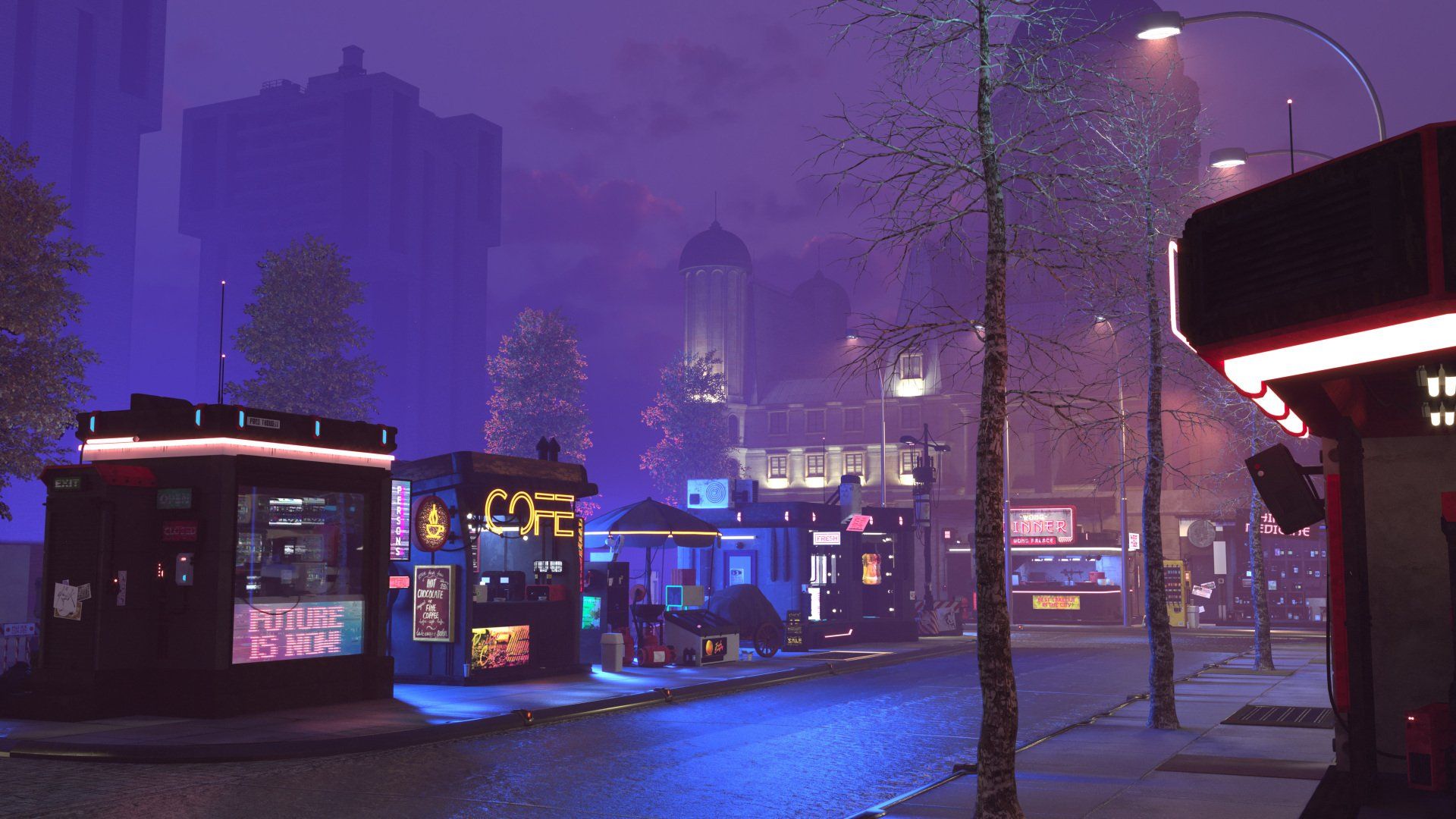 CGI street scene built with KitBash elements. Mood, foggy, street with pop up food and coffee venders.