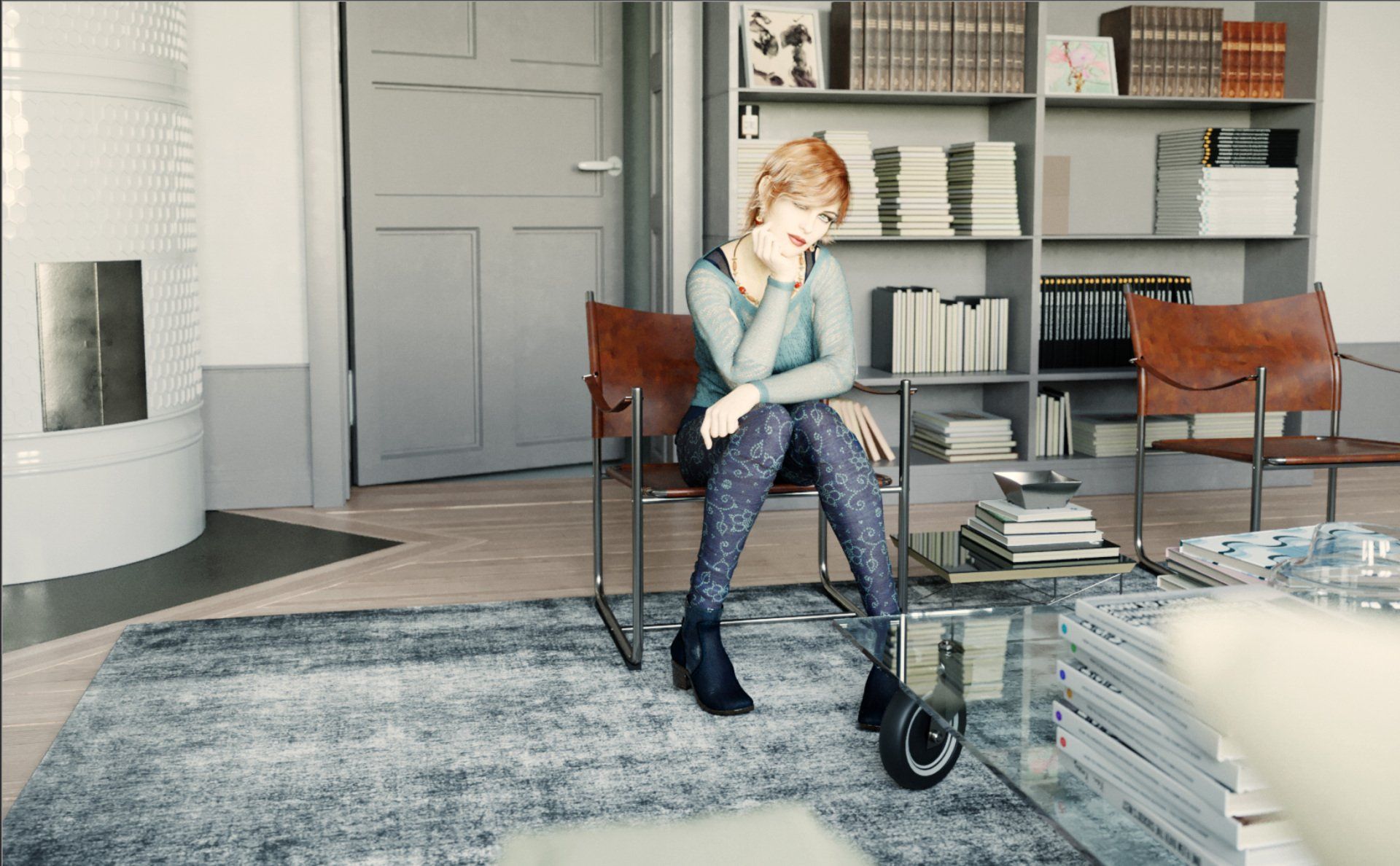 a woman sits on a chair in a living room