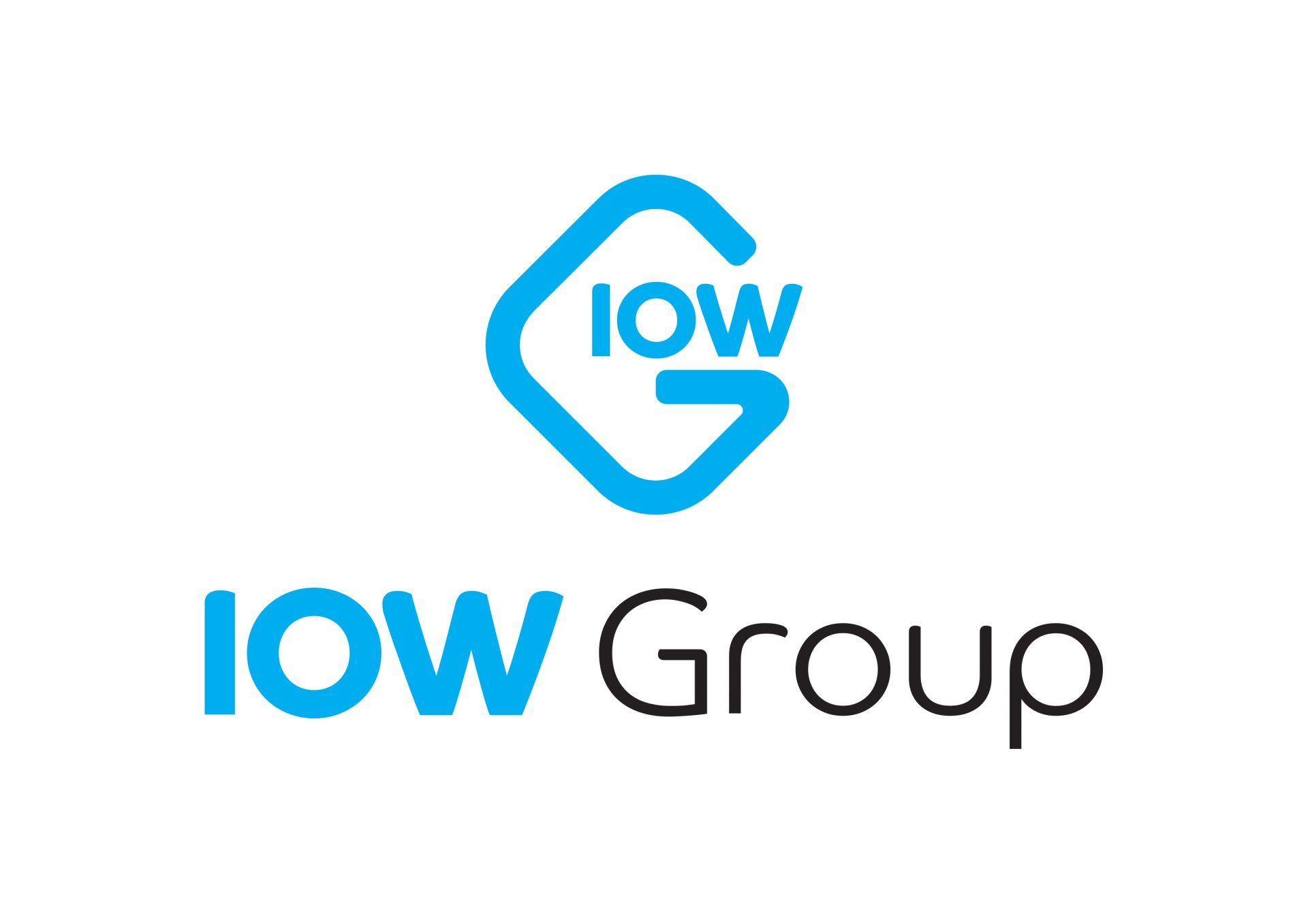 A blue and black logo for iow group