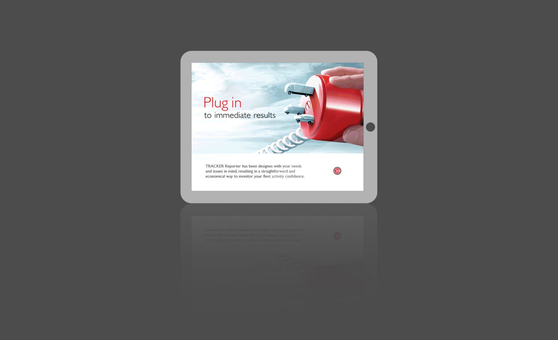 A tablet with a picture of a hand holding a red plug with the number 1 on it