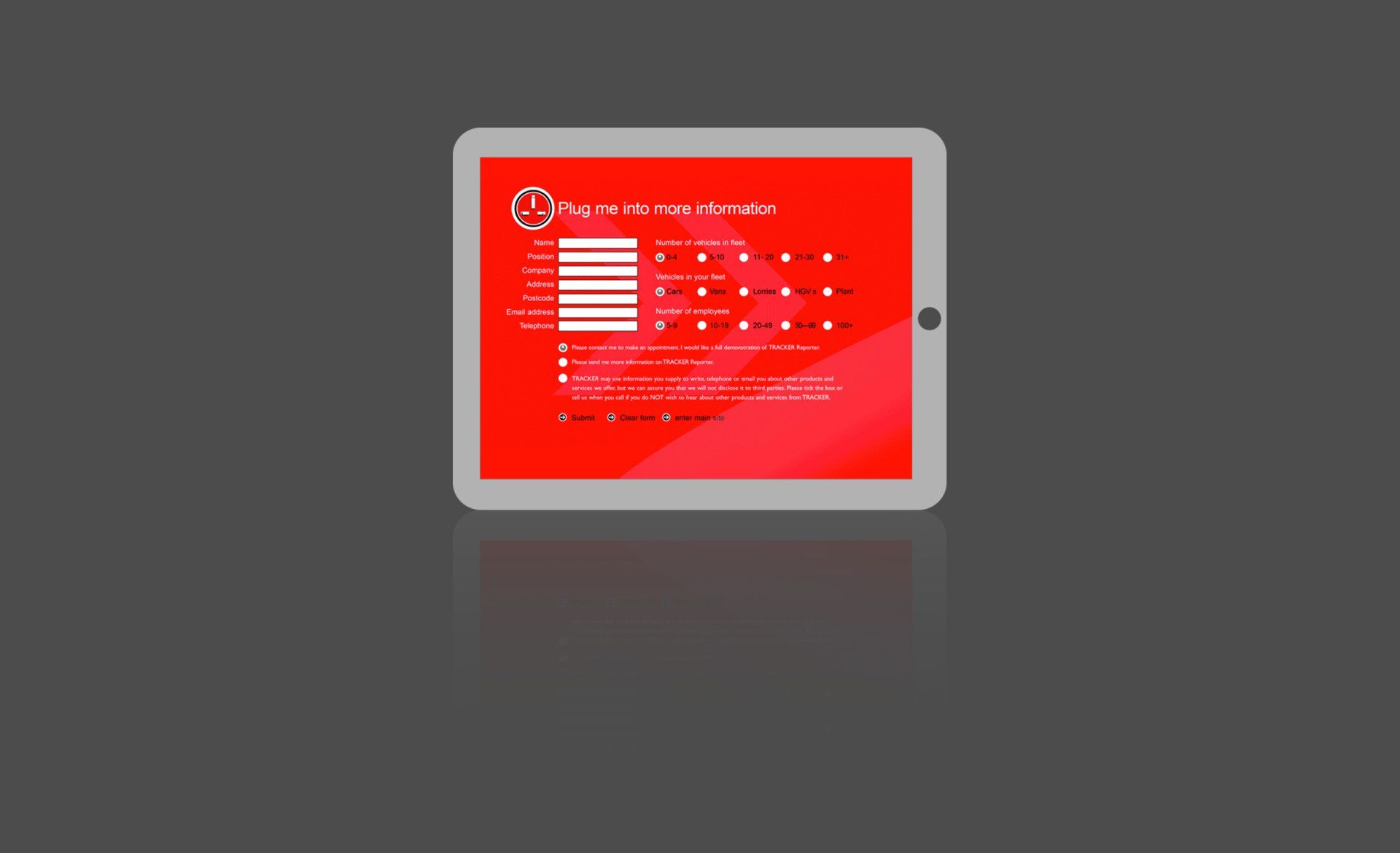 A tablet with a red screen and a barcode on it