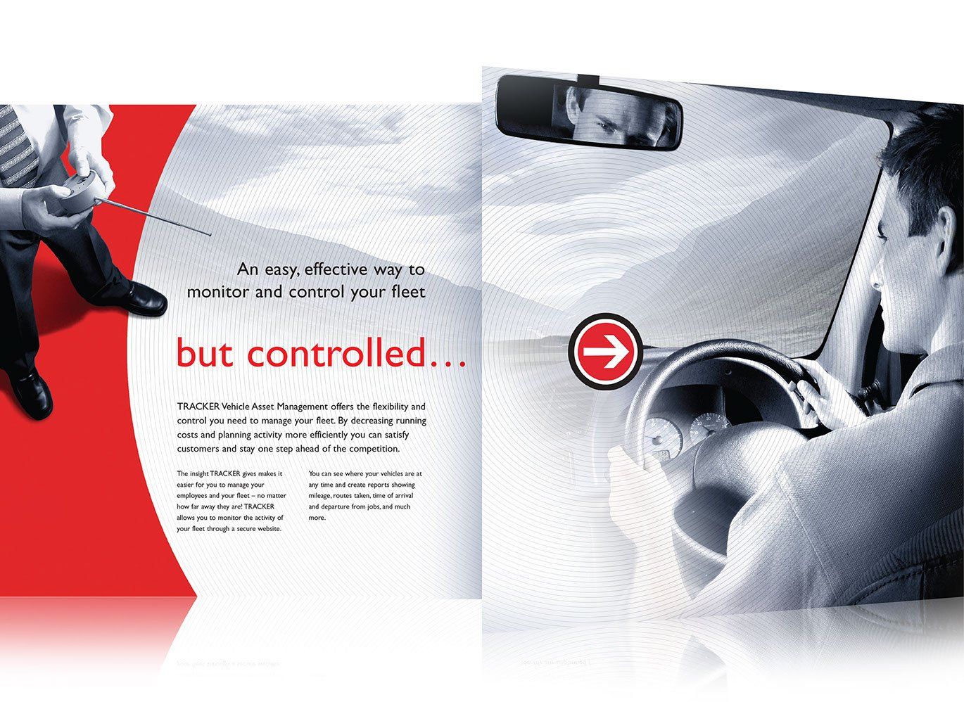 A man is sitting in a car with a red arrow pointing to the right