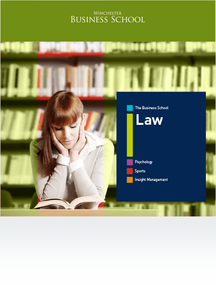 A woman sits in a library reading a book titled law