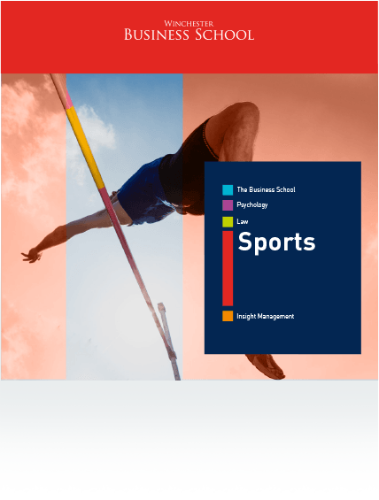 An advertisement for business school sports with a man jumping over a pole