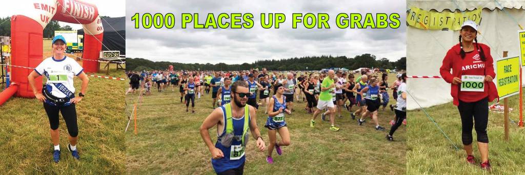 People running in a field; one person at a red archway, another in a crowd, and a third at the finish line.