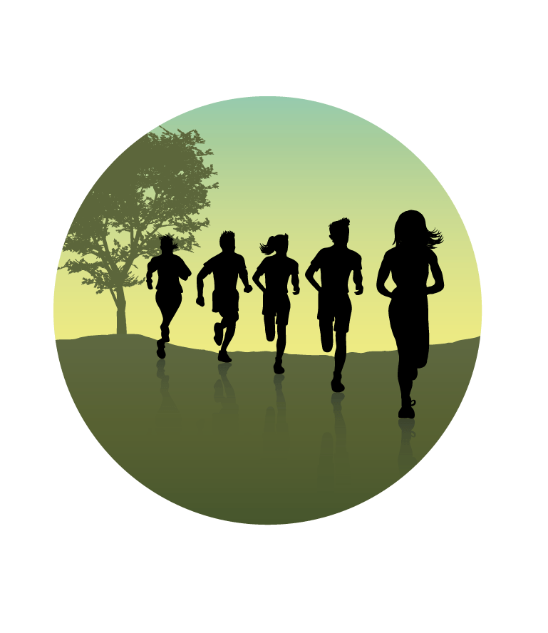 Silhouette of five runners on a grassy hill, with a tree and gradient sky in the background.