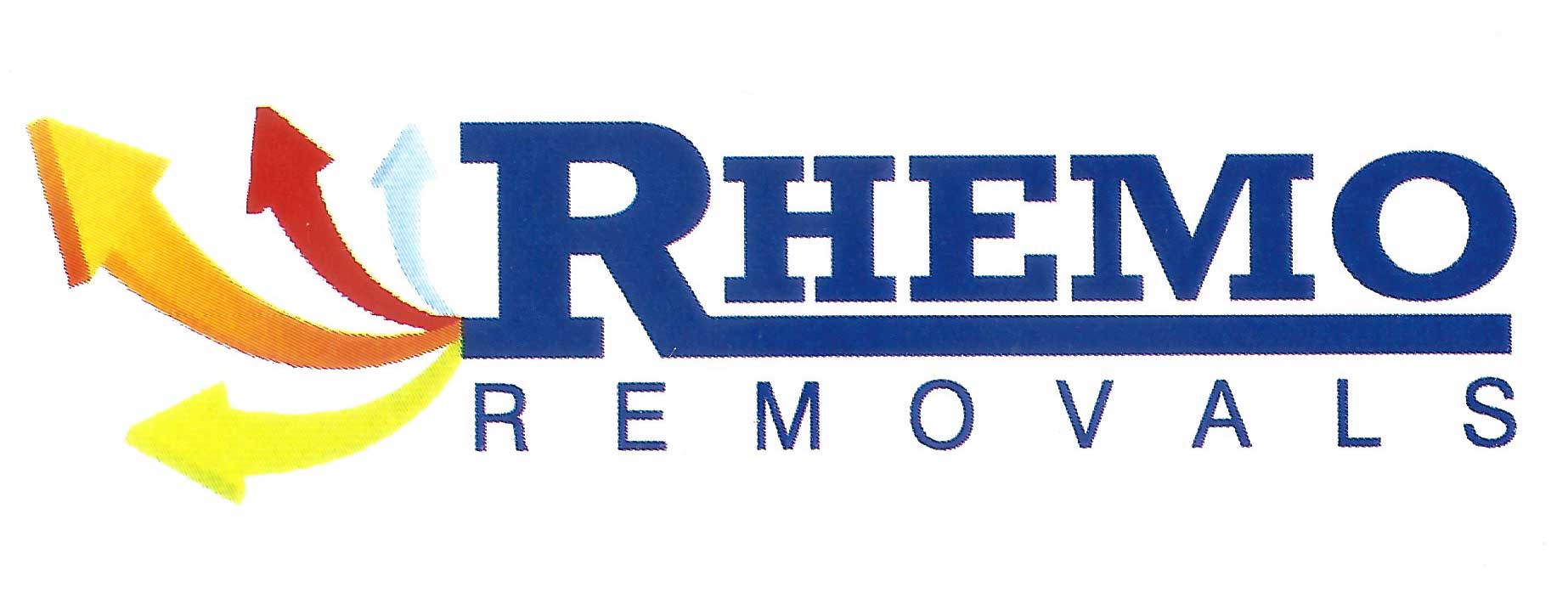 Logo for Rhemo Removals, a moving company. Text is blue and white with colorful arrows.