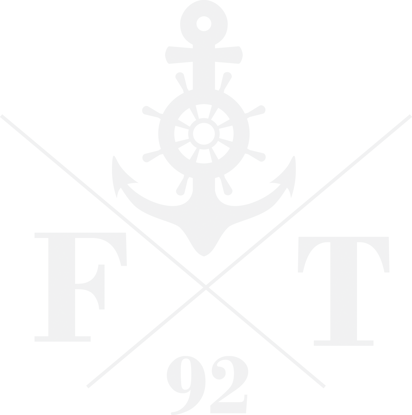 Ein weißes Logo mit einem Anker und einem Steuerrad auf weißem Hintergrund.