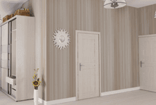 A room with coffee and cream stripe wallpaper and two white doors