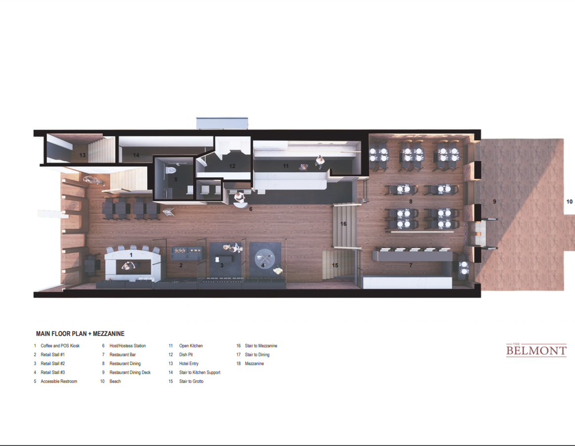 A floor plan of a building with tables and chairs