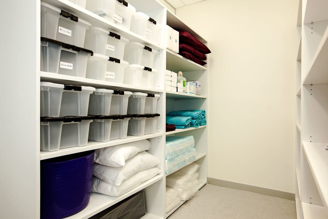 Walk-in closet with shelves of labeled bins, towels, and folded linens in a bright storage room