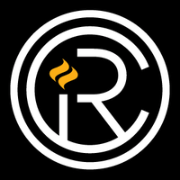 The letter r is in a white circle with a flame in the middle.