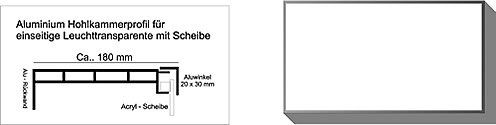 Schematische Darstellung eines Aluminium-Hohlprofils für einseitige Beleuchtung mit Glas, ca. 160 mm.