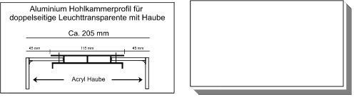 Schema eines Metallprofils für doppelseitige Lichtquellen mit Haube. Abmessungen und Beschriftung „Acrylhaube“.