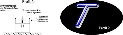 Diagramm eines T-förmigen Profils mit technischen Daten und einem ovalen Logo mit einem stilisierten „T“.
