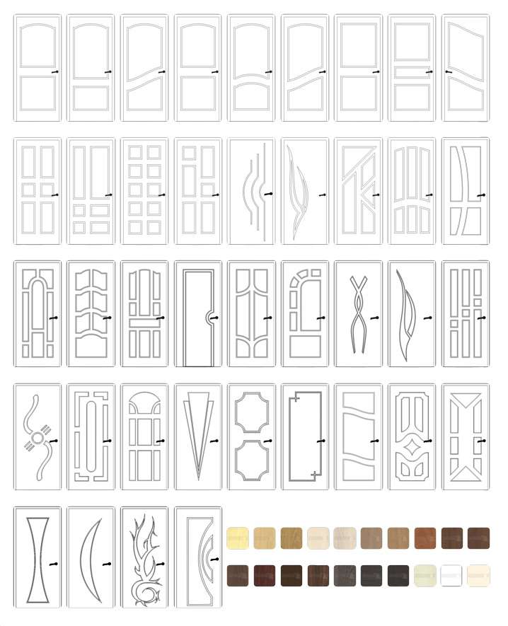 Line drawing diagrams of various screen door designs with a color palette.