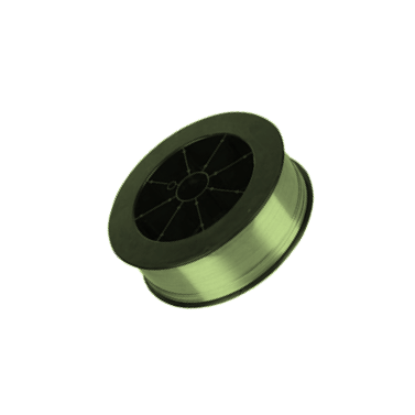 A spool of stainless steel wire on a white background