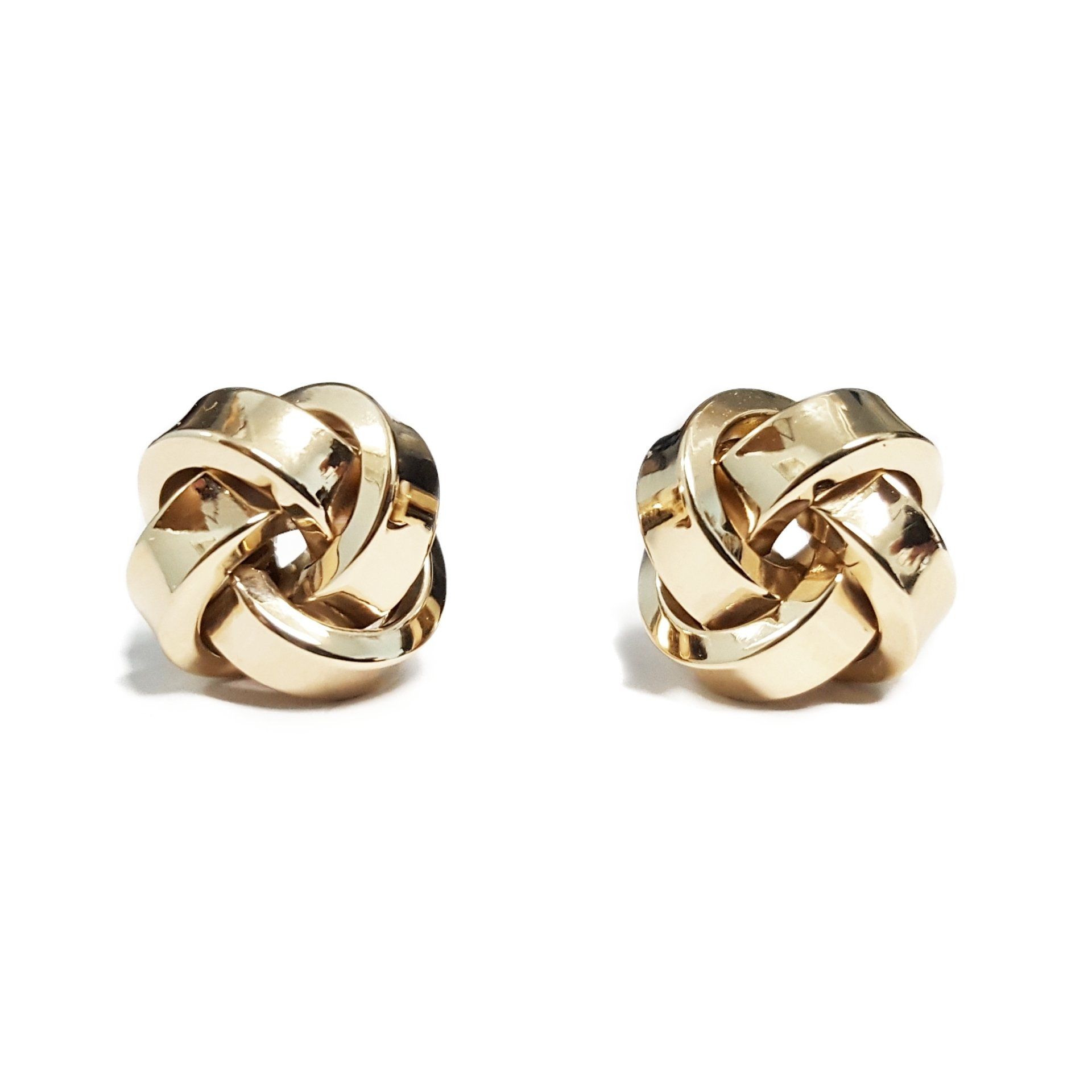 A pair of gold stud earrings with a knot design on a white background.