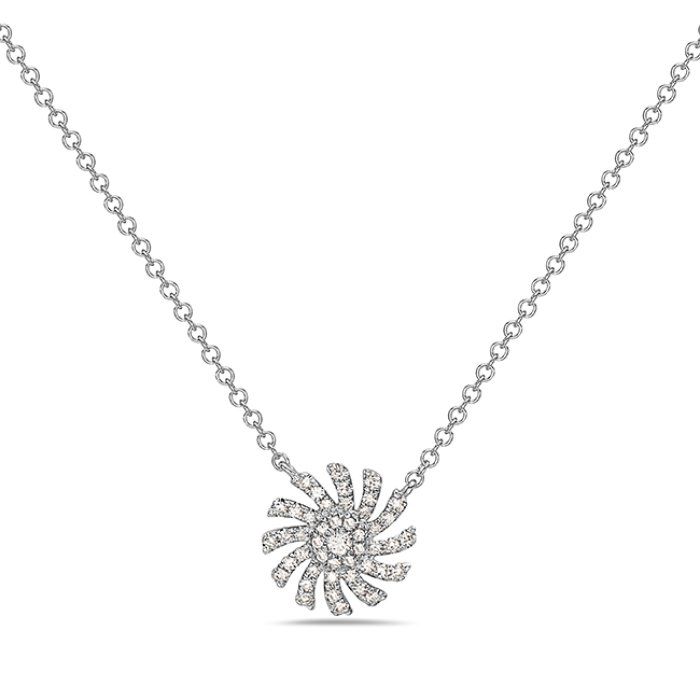 A necklace with a flower shaped pendant on a chain.