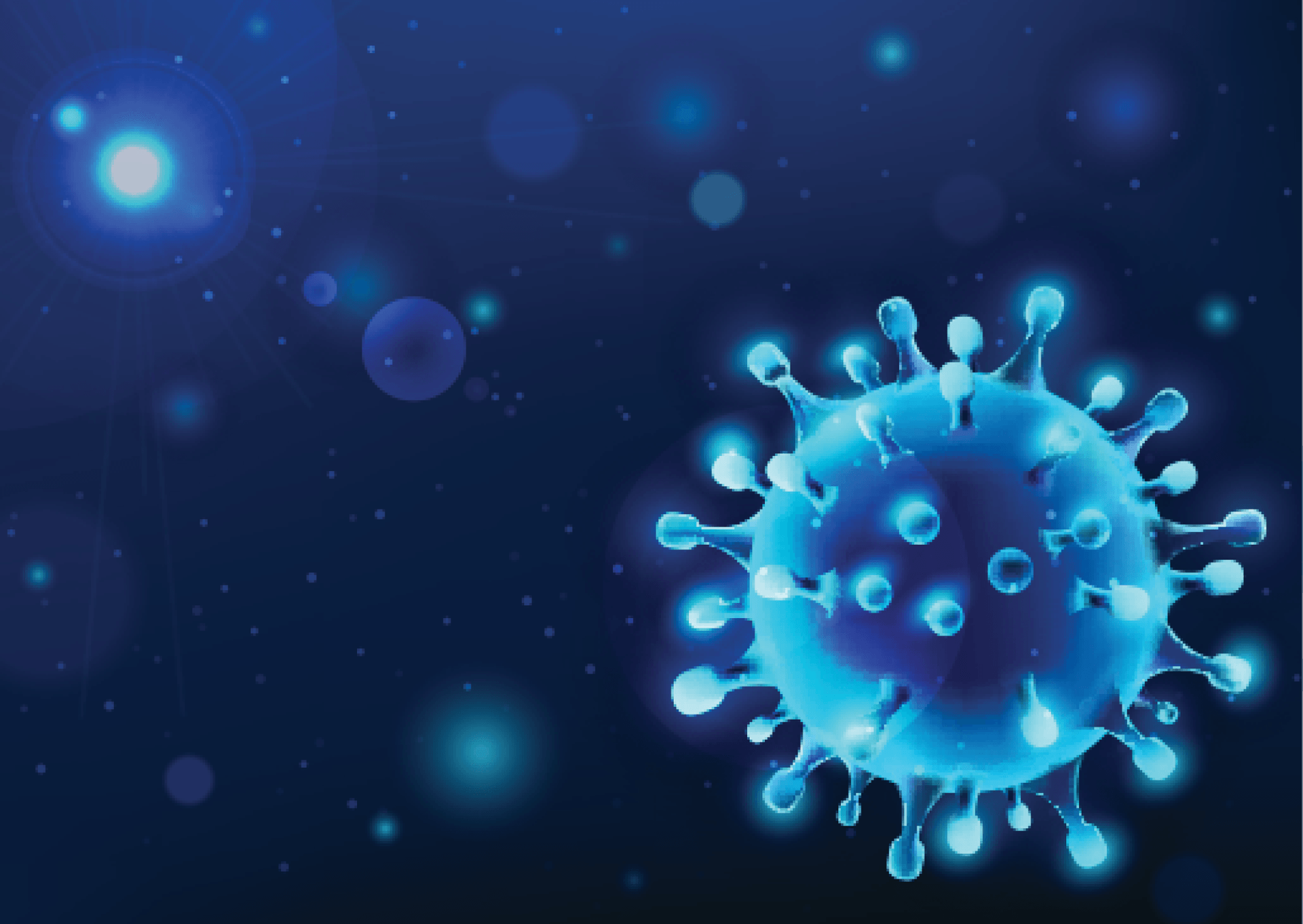a close up of a blue virus on a dark blue background .