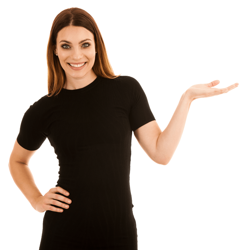 a woman in a black shirt is smiling and holding out her hand