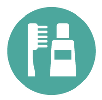 An icon of a toothbrush , toothpaste and mouthwash in a green circle.