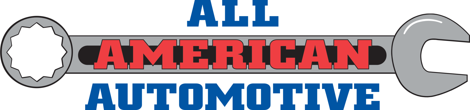 A logo for all american automotive with a wrench