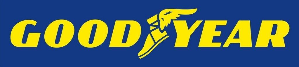 The good year logo is yellow and blue on a blue background