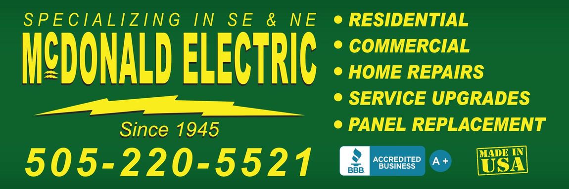 McDonald Electric logo: green background, yellow text, lightning bolt, phone number. Services: residential, commercial.