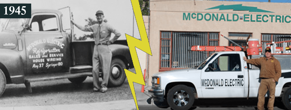 Comparison of McDonald Electric company in 1945 and present day. Men pose with trucks and the business's name.