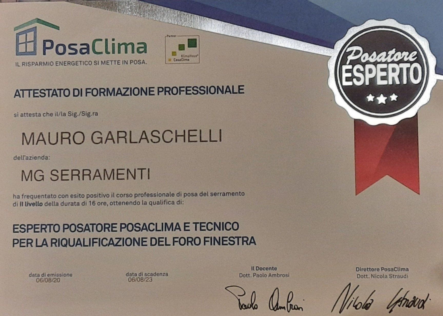 A certificate that says mauro garlaschelli on it