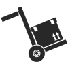 A black and white icon of a hand truck with a box on it.