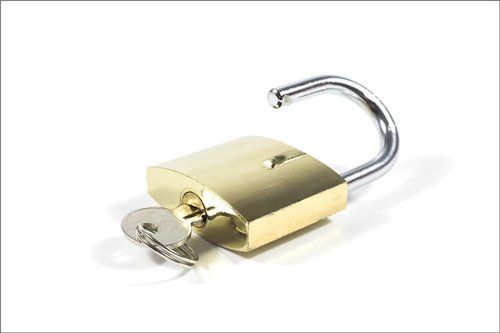 An open padlock with a key in it on a white background.