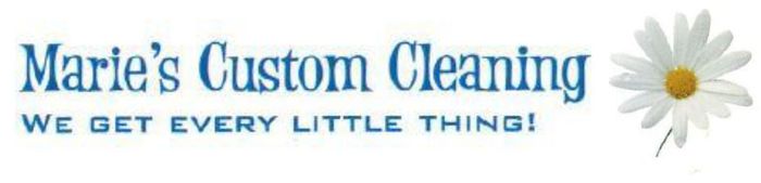 A logo for marie 's custom cleaning with a white flower