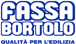 A blue and white logo for fassa bortolo quality per l' edilizia