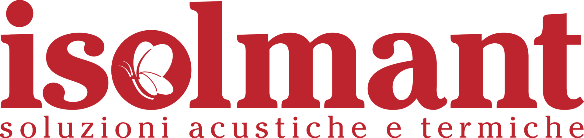A red and white logo for isolmant soluzioni acustiche e termiche