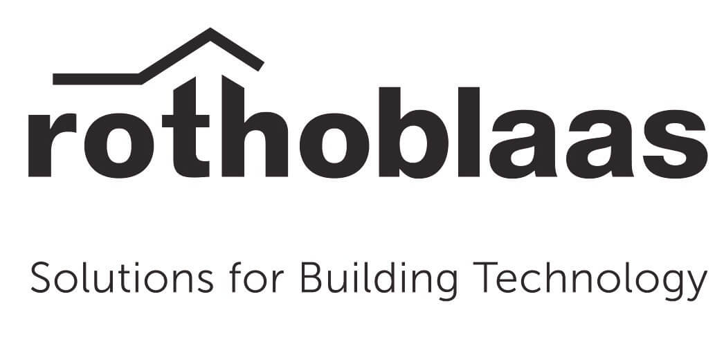 Il logo delle soluzioni rothoblaas per la tecnologia edilizia è in bianco e nero.