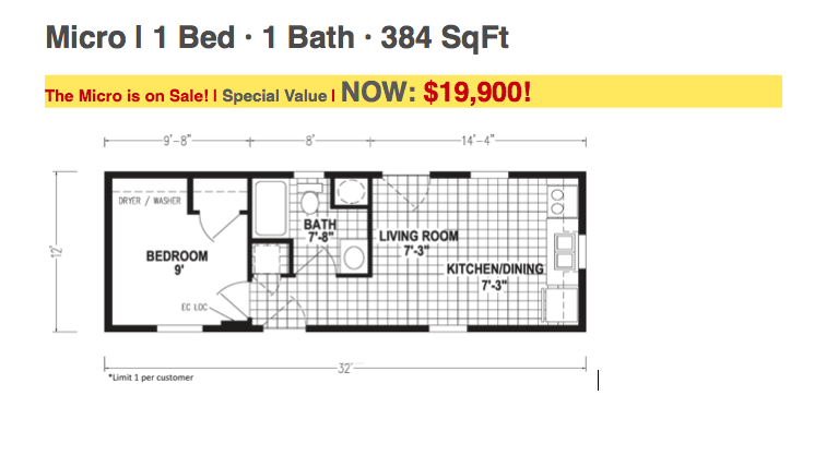 A floor plan of a micro 1 bed 1 bath house