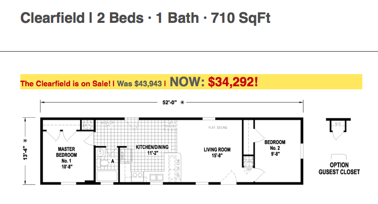 A floor plan for a house with 2 beds and 1 bath